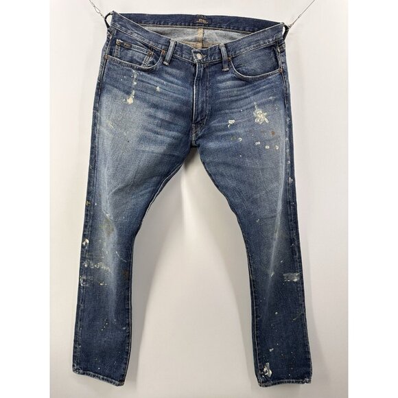 Polo Ralph Lauren The Sullivan Slim Distressed Paint Stained Blue Jeans 34x32